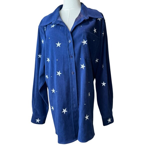 Quacker Factory Star Embellished Navy Button-Up Shirt Size 1X - Picture 1 of 7